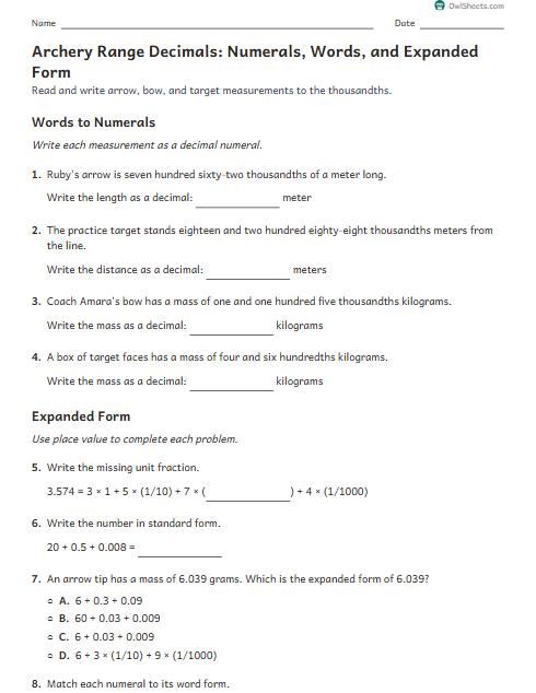 Archery Range Decimals: Numerals, Words, and Expanded Form worksheet preview