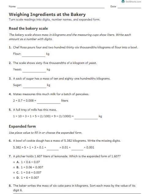 Weighing Ingredients at the Bakery worksheet preview