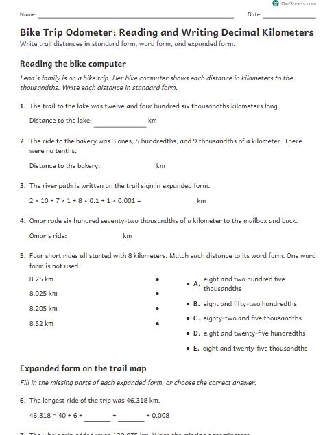 Bike Trip Odometer: Reading and Writing Decimal Kilometers worksheet preview