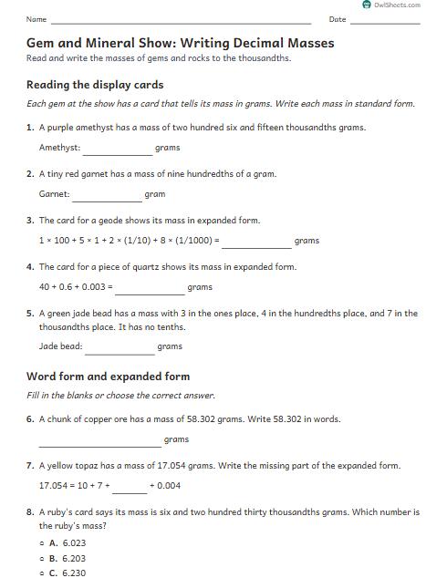 Gem and Mineral Show: Writing Decimal Masses worksheet preview