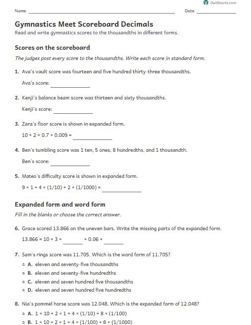 Gymnastics Meet Scoreboard Decimals worksheet preview