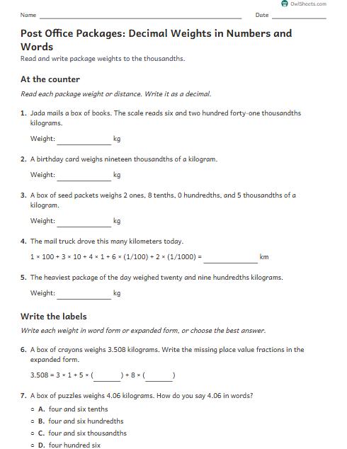 Post Office Packages: Decimal Weights in Numbers and Words worksheet preview