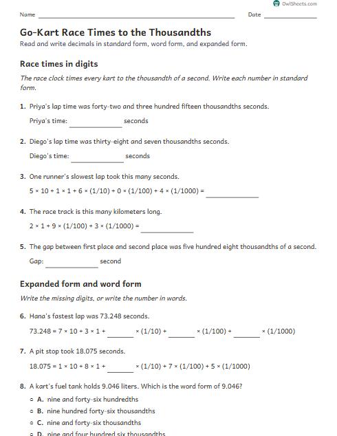 Go-Kart Race Times to the Thousandths worksheet preview