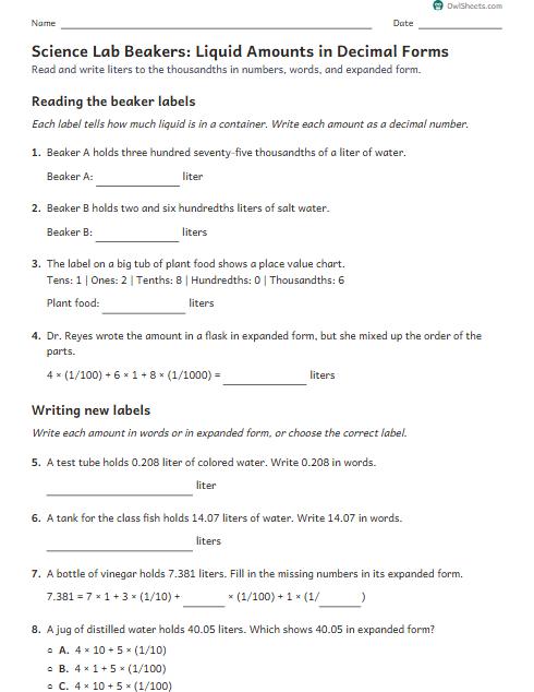 Science Lab Beakers: Liquid Amounts in Decimal Forms worksheet preview