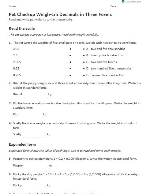 Pet Checkup Weigh-In: Decimals in Three Forms worksheet preview