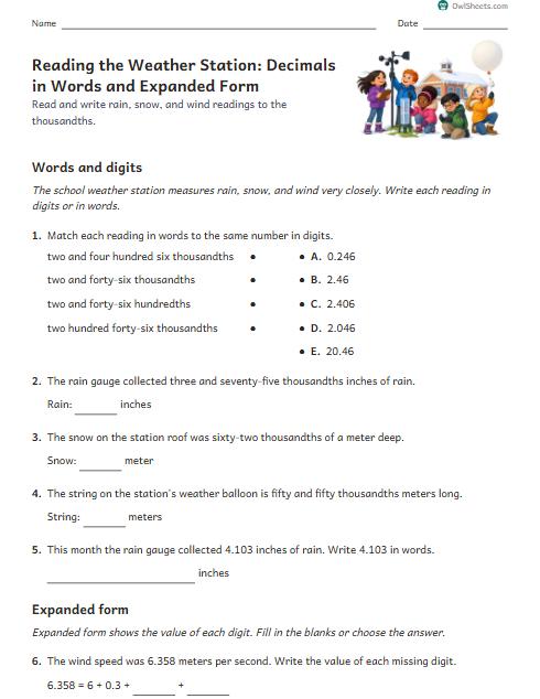 Reading the Weather Station: Decimals in Words and Expanded Form worksheet preview