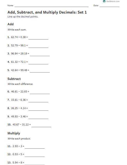 Add, Subtract, and Multiply Decimals: Set 1 worksheet preview