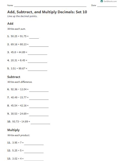 Add, Subtract, and Multiply Decimals: Set 10 worksheet preview