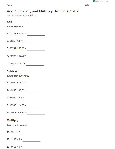 Add, Subtract, and Multiply Decimals: Set 2 worksheet preview