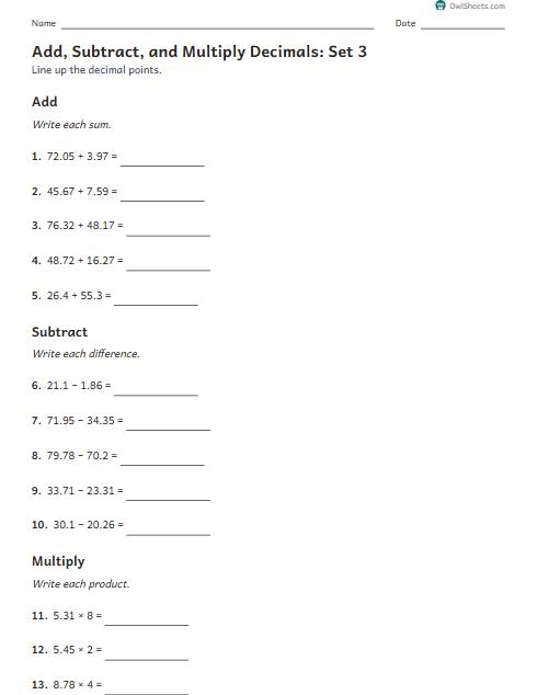 Add, Subtract, and Multiply Decimals: Set 3 worksheet preview