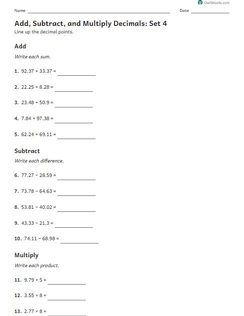 Add, Subtract, and Multiply Decimals: Set 4 worksheet preview