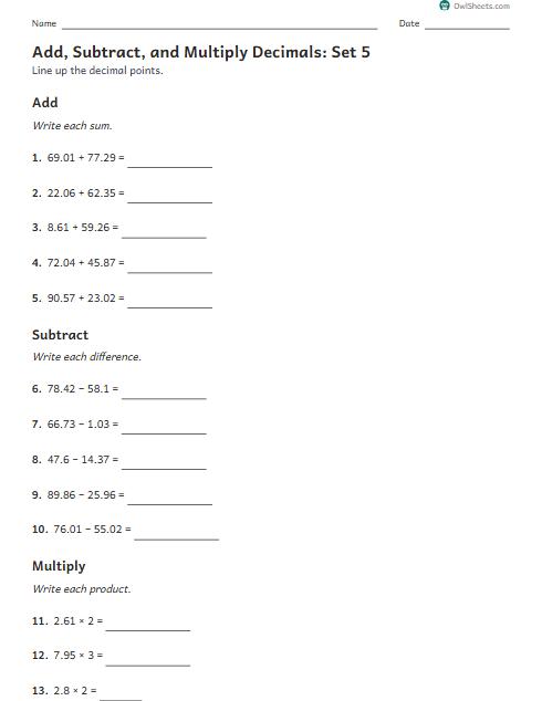 Add, Subtract, and Multiply Decimals: Set 5 worksheet preview