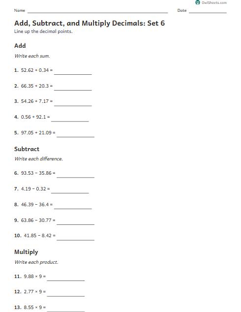 Add, Subtract, and Multiply Decimals: Set 6 worksheet preview
