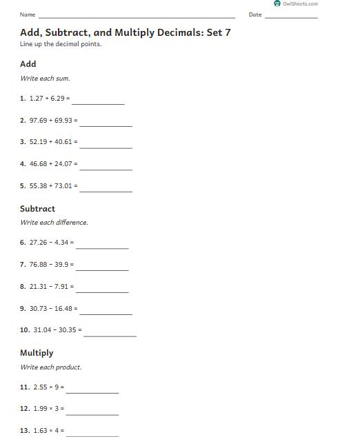 Add, Subtract, and Multiply Decimals: Set 7 worksheet preview