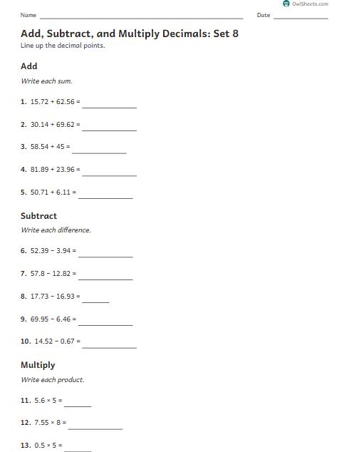 Add, Subtract, and Multiply Decimals: Set 8 worksheet preview