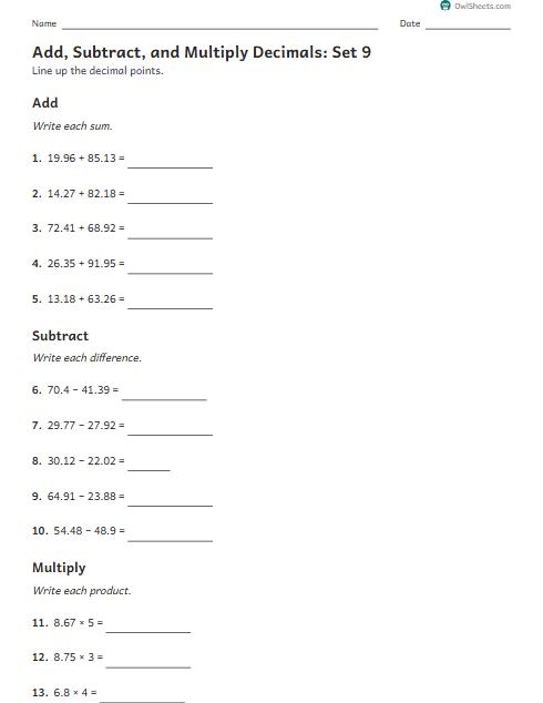 Add, Subtract, and Multiply Decimals: Set 9 worksheet preview