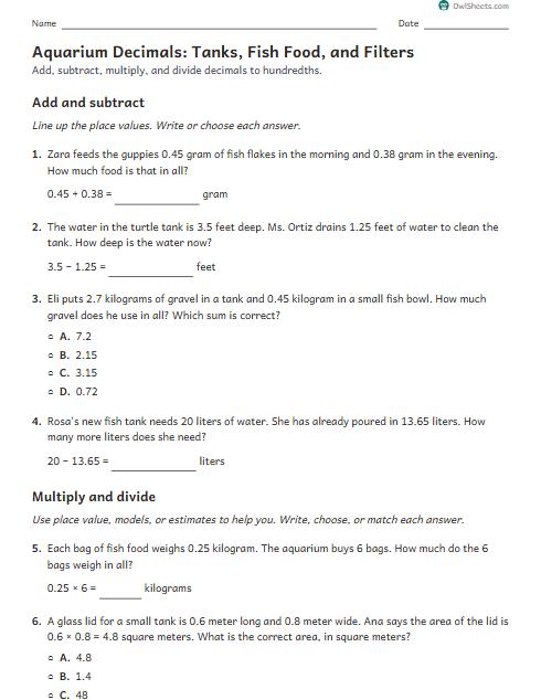 Aquarium Decimals: Tanks, Fish Food, and Filters worksheet preview