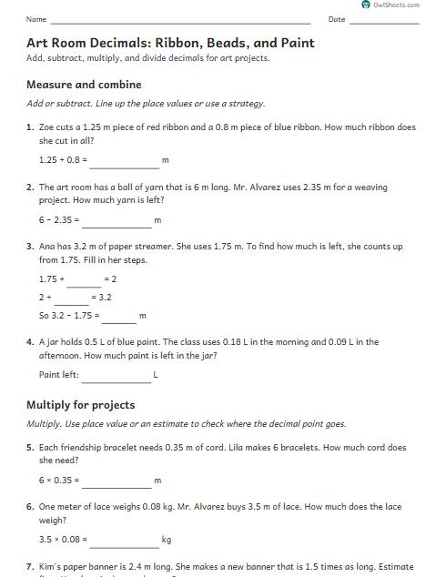 Art Room Decimals: Ribbon, Beads, and Paint worksheet preview