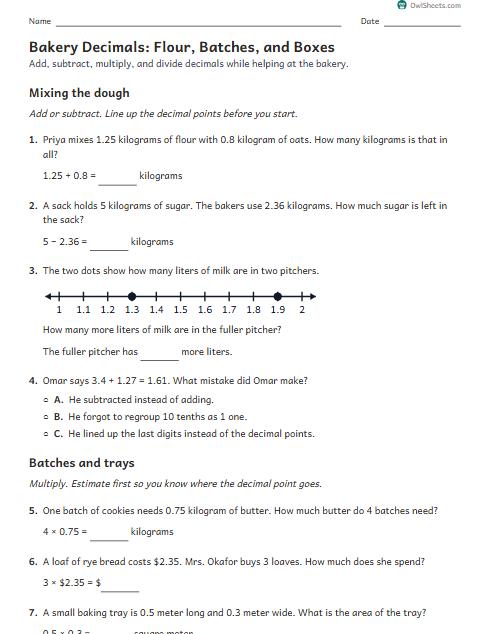 Bakery Decimals: Flour, Batches, and Boxes worksheet preview