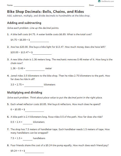 Bike Shop Decimals: Bells, Chains, and Rides worksheet preview