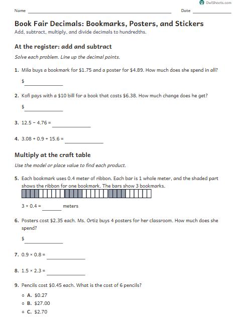 Book Fair Decimals: Bookmarks, Posters, and Stickers worksheet preview