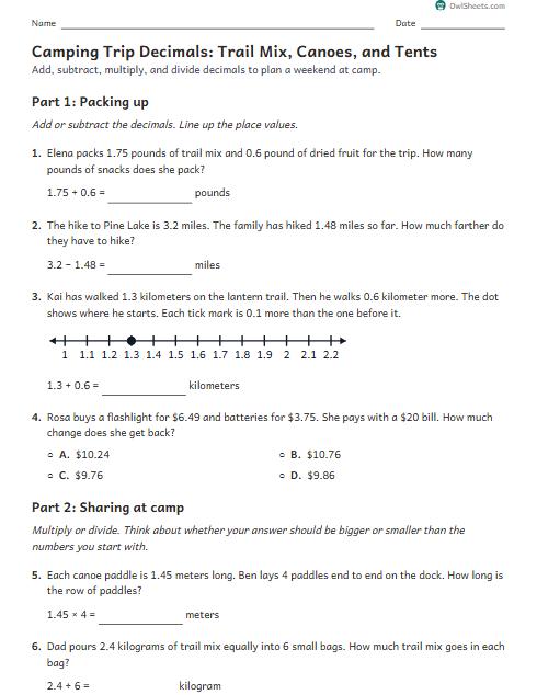 Camping Trip Decimals: Trail Mix, Canoes, and Tents worksheet preview