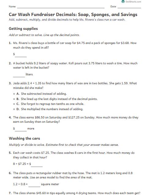 Car Wash Fundraiser Decimals: Soap, Sponges, and Savings worksheet preview