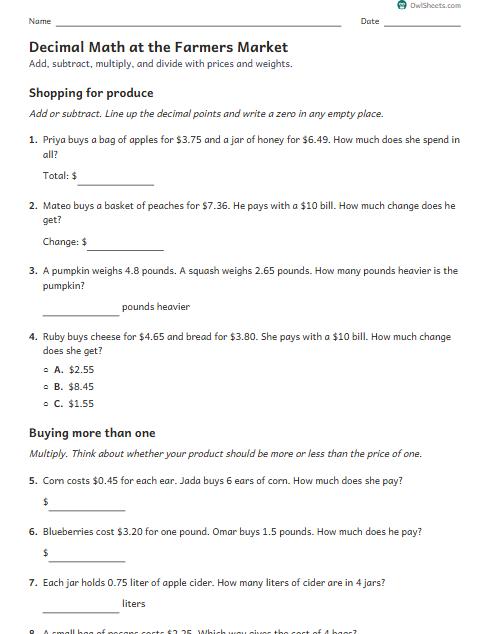 Decimal Math at the Farmers Market worksheet preview