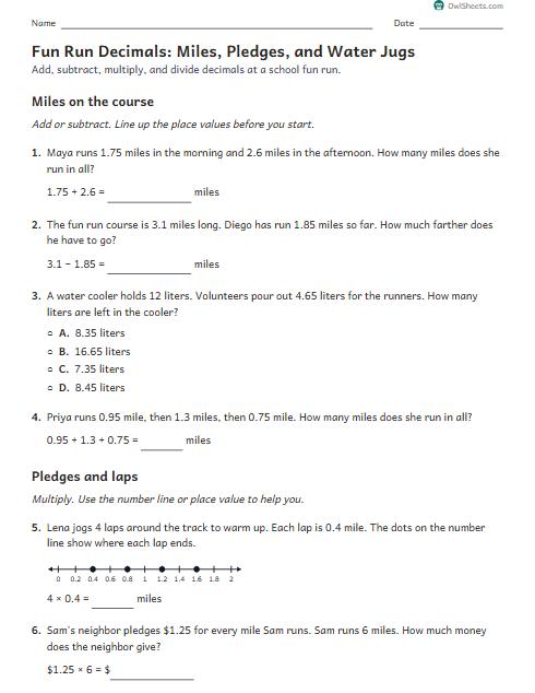 Fun Run Decimals: Miles, Pledges, and Water Jugs worksheet preview