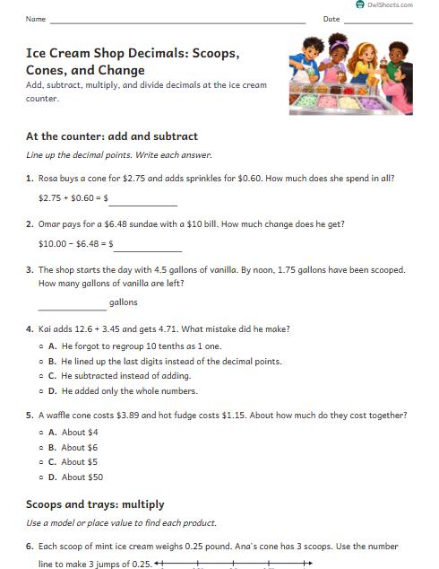 Ice Cream Shop Decimals: Scoops, Cones, and Change worksheet preview