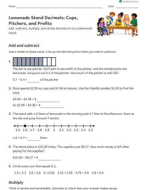 Lemonade Stand Decimals: Cups, Pitchers, and Profits worksheet preview
