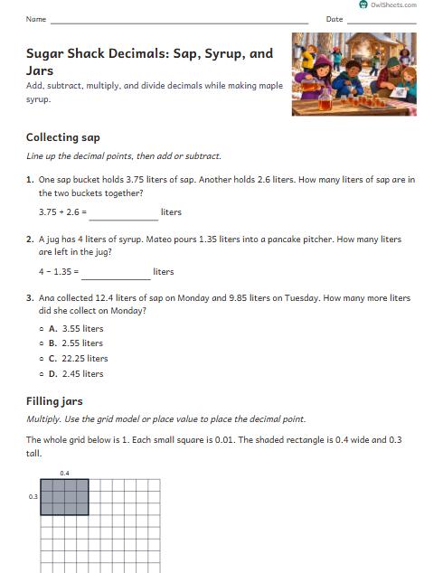 Sugar Shack Decimals: Sap, Syrup, and Jars worksheet preview