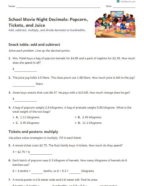 School Movie Night Decimals: Popcorn, Tickets, and Juice worksheet preview