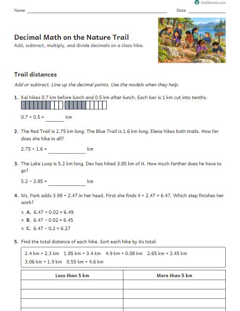 Decimal Math on the Nature Trail worksheet preview