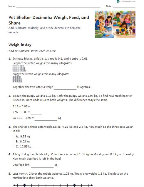 Pet Shelter Decimals: Weigh, Feed, and Share worksheet preview