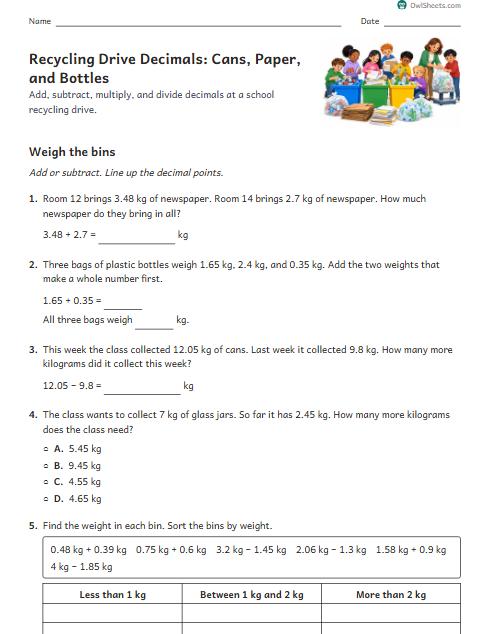 Recycling Drive Decimals: Cans, Paper, and Bottles worksheet preview