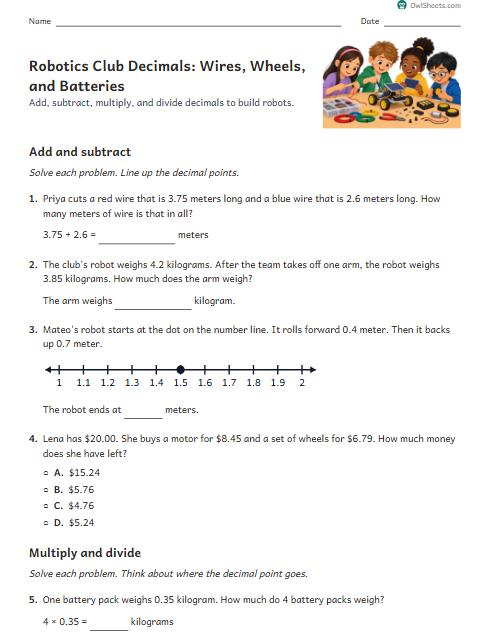 Robotics Club Decimals: Wires, Wheels, and Batteries worksheet preview