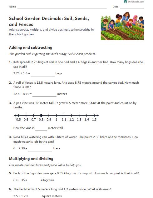 School Garden Decimals: Soil, Seeds, and Fences worksheet preview