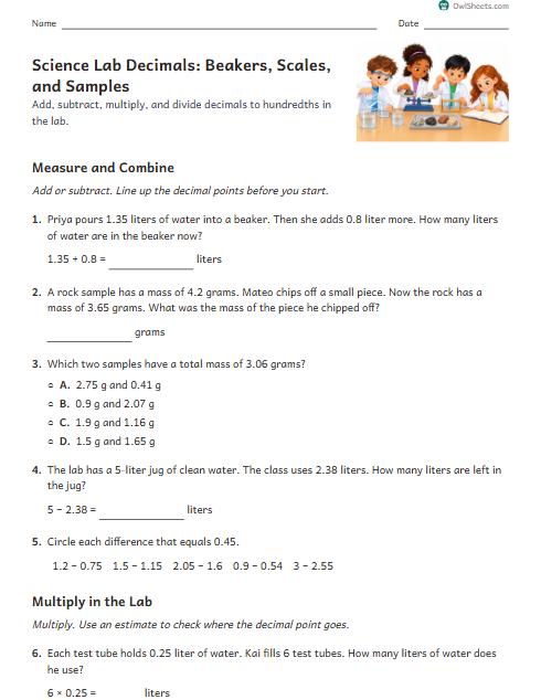 Science Lab Decimals: Beakers, Scales, and Samples worksheet preview