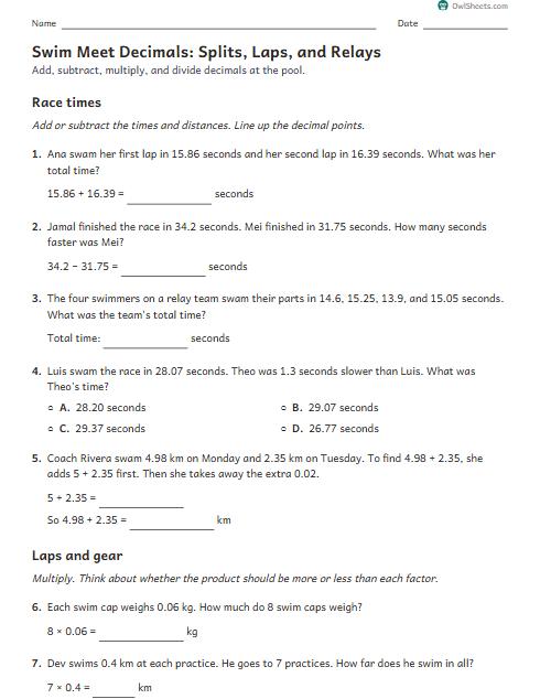Swim Meet Decimals: Splits, Laps, and Relays worksheet preview