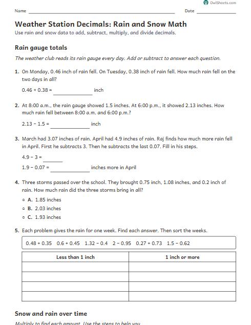 Weather Station Decimals: Rain and Snow Math worksheet preview