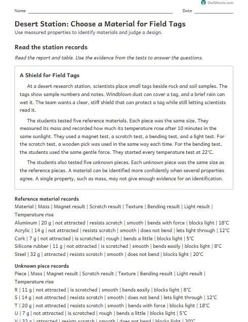 Desert Station: Choose a Material for Field Tags worksheet preview