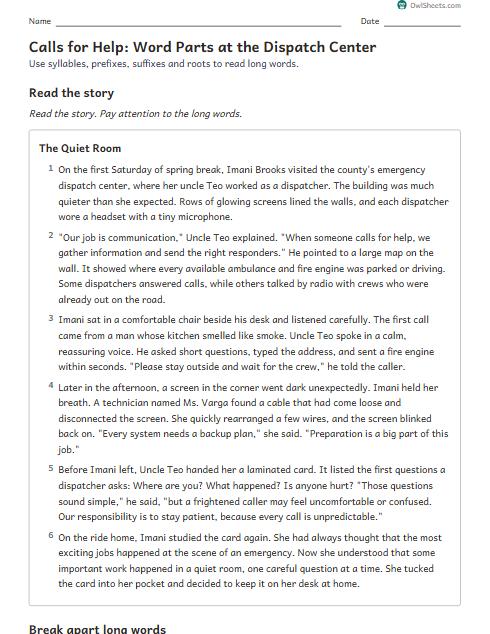 Calls for Help: Word Parts at the Dispatch Center worksheet preview