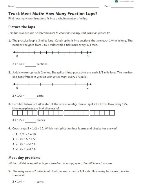 Track Meet Math: How Many Fraction Laps? worksheet preview