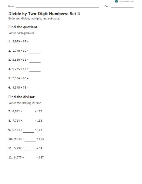 Divide by Two-Digit Numbers: Set 4 worksheet preview