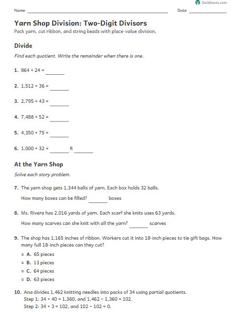 Yarn Shop Division: Two-Digit Divisors worksheet preview