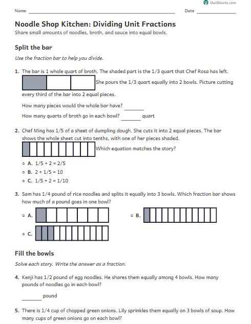 Noodle Shop Kitchen: Dividing Unit Fractions worksheet preview