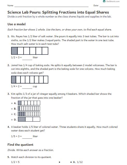Science Lab Pours: Splitting Fractions into Equal Shares worksheet preview