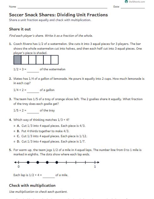 Soccer Snack Shares: Dividing Unit Fractions worksheet preview