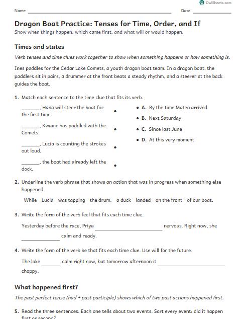 Dragon Boat Practice: Tenses for Time, Order, and If worksheet preview